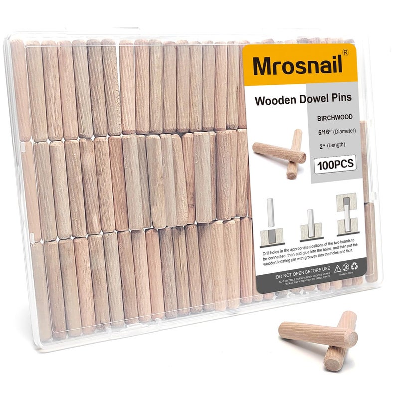 Mrosnail 100 Pcs Wooden Dowel Pins, 5/16 x 2 inch Fluted Wood Dowels Hardwood Pegs for Furniture Leg Support, Cabinet Construction, Table Assembly - Image 1